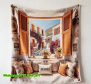 Luxury Hermès Santorini Window View Print Flannel Throw Blanket IMG_5189